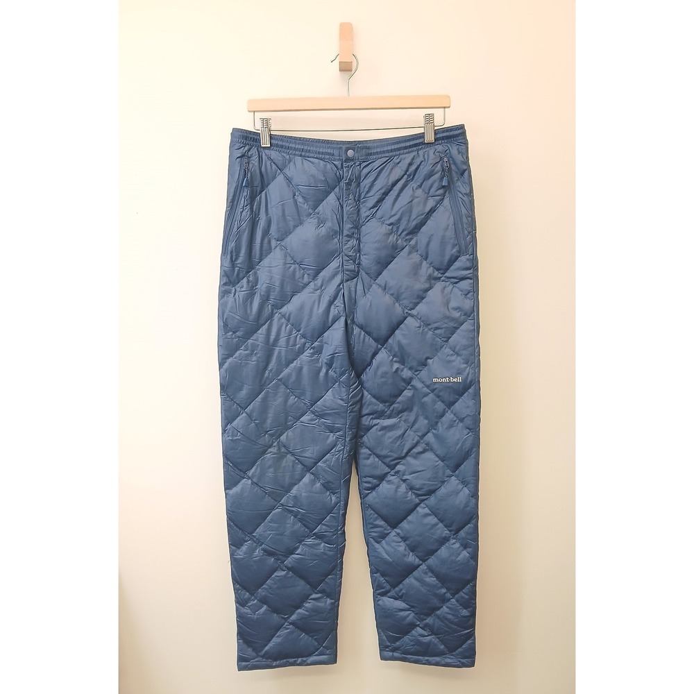 Mont-bell Down Pants Mens Large Blue Diamond Quilted Insulated Hiking Japan